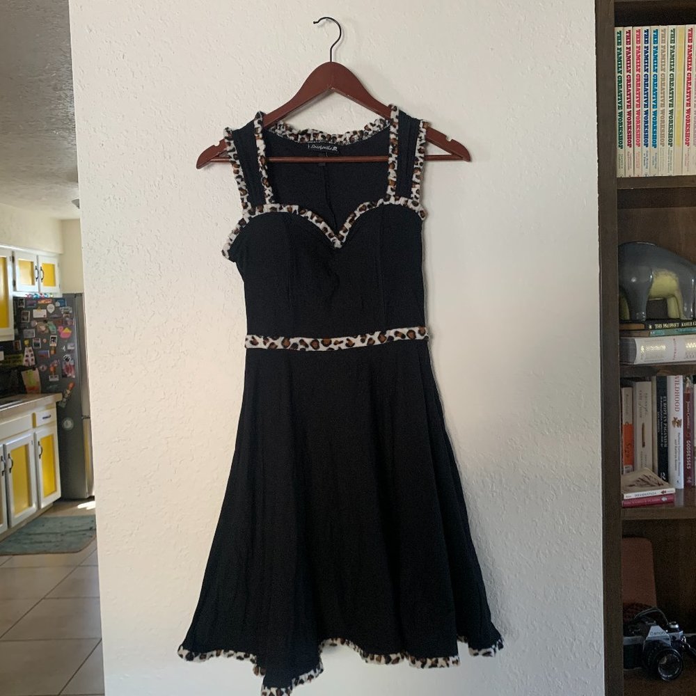 Sourpuss Dress - Black and Cheetah Print - Retro Fit & Flare Dress - Size Large